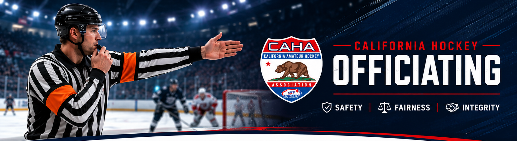 California Hockey Officiating with a referee using an open-hand signal on the ice